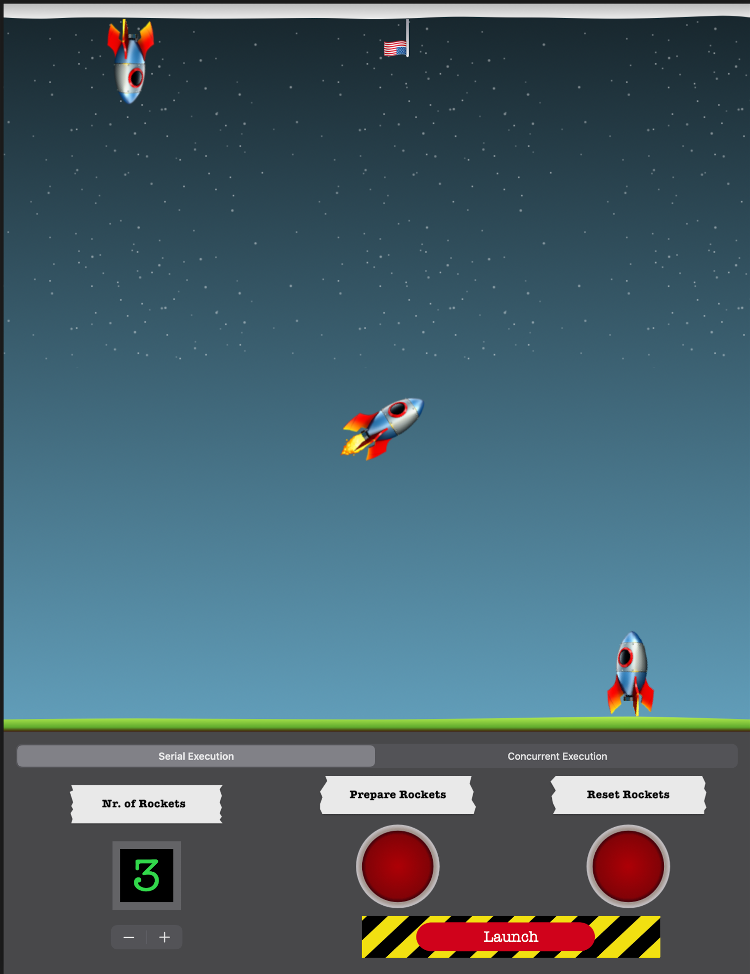 A screenshot of the Swift Playground showing launching rockets