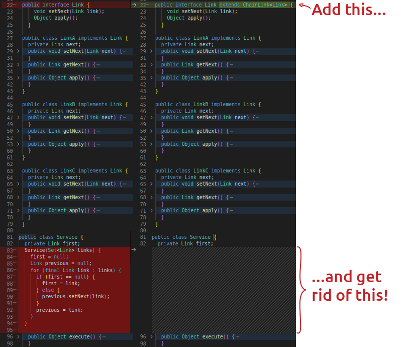 A screen capture presenting a sample code diff with the same project with and without COR Bean Processor library.