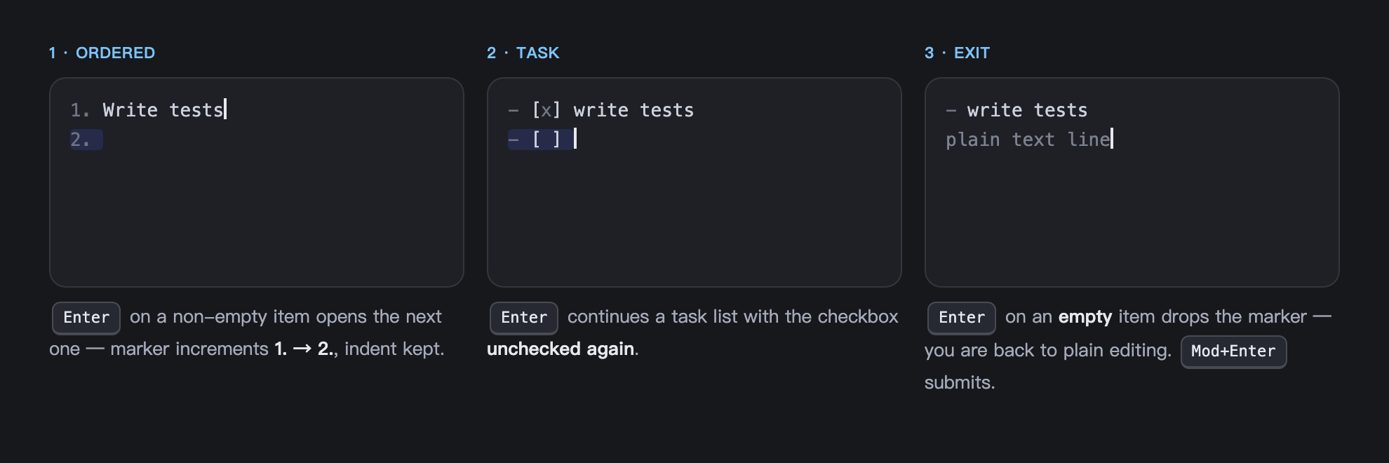 Enter-key list editing: next item, unchecked checkbox, marker dropped