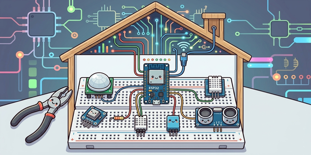 Illustrazione in stile fumetto di una casa in miniatura che funge da involucro per una breadboard ESP32 con diversi sensori, con un percorso stilizzato di circuiti che collegano gli oggetti. Sulla sinistra un paio di pinze con una faccina sorridente | Comic-style illustration of a miniature house acting as a shell for an ESP32 breadboard with various sensors, with a stylized circuit path connecting items. To the left, a pair of pliers with a smiley face