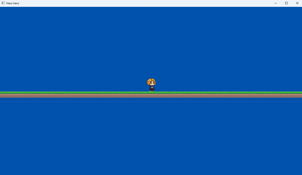 the current game, hero on the middle, blue sky in the background with a weird ground too thin, far to look reasonable