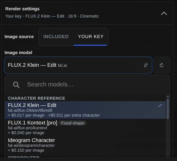 The character-reference models in the picker