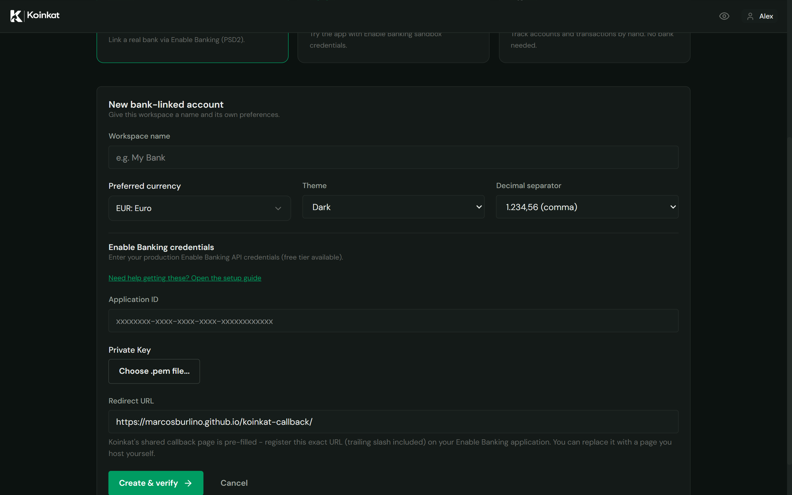 The bank-linked workspace form: application ID, private key and redirect URL
