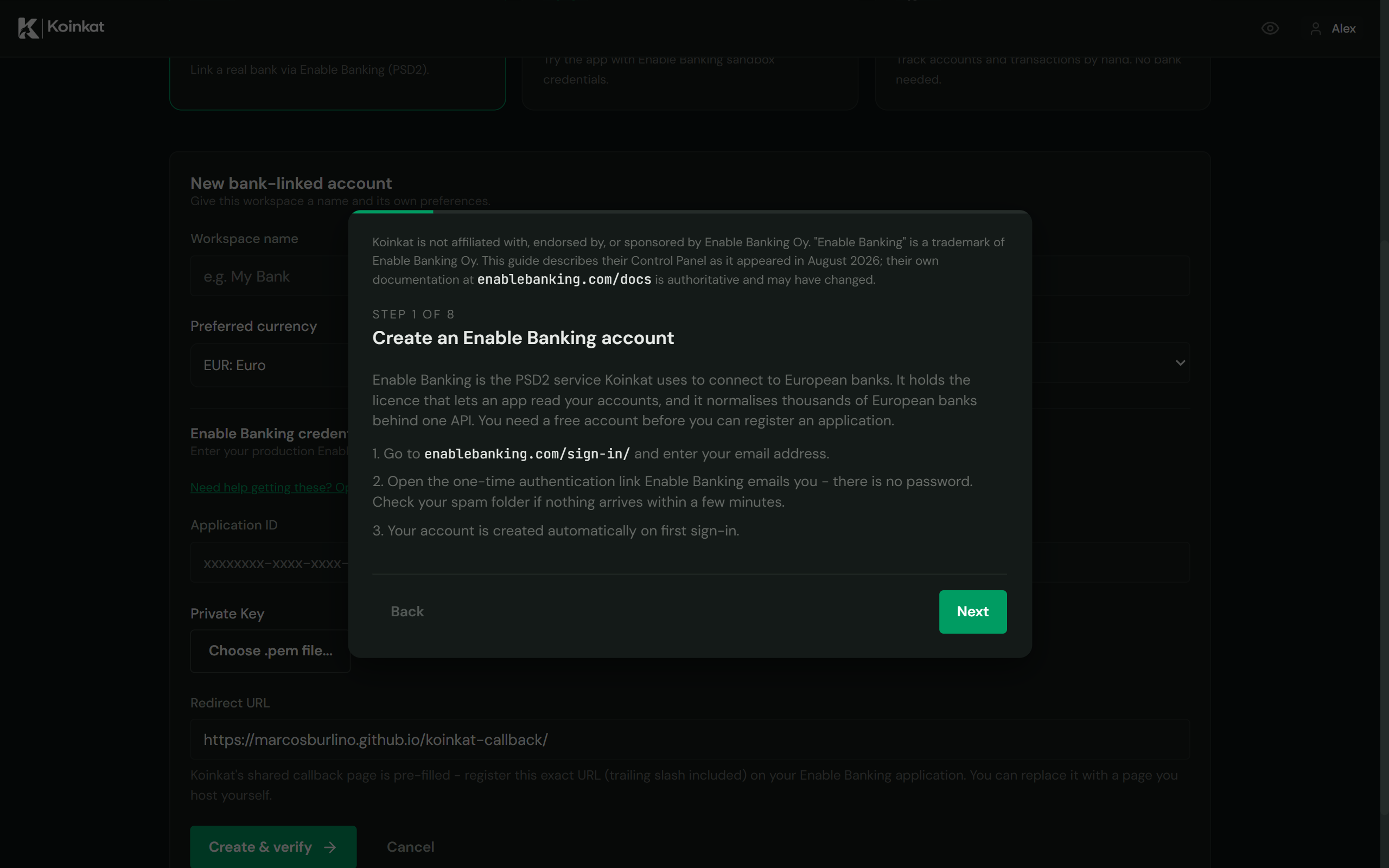 The in-app Enable Banking setup guide, open at step 1 of 8