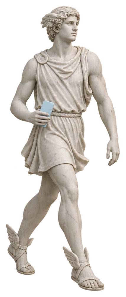 Hermes, der antike Götterbote, hält ein eisblaues Smartphone
