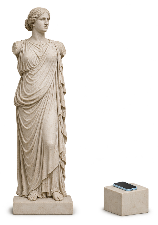 Bekleidete antike Marmorstatue ohne Arme. Ein eisblaues Telefon liegt auf einem eigenen kleinen Sockel daneben.