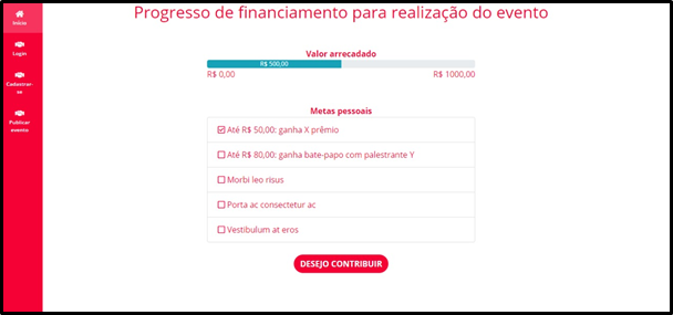 Tela progresso crowdfunding