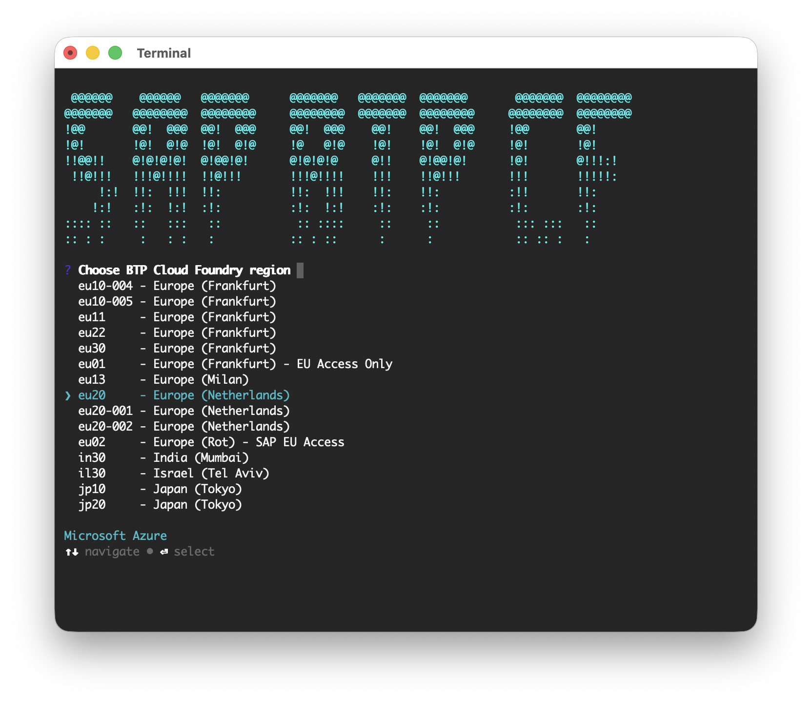 Guided login - choosing the BTP Cloud Foundry region