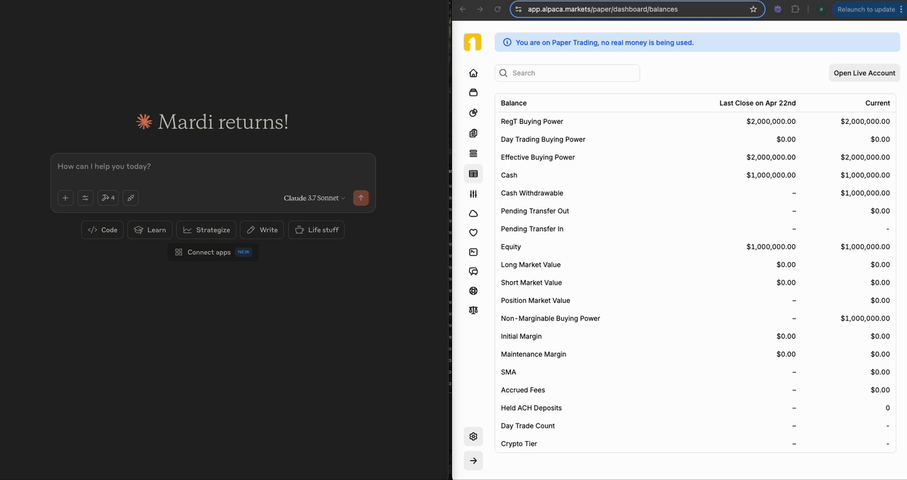 Alpaca MCP Server Demo with Claude Desktop