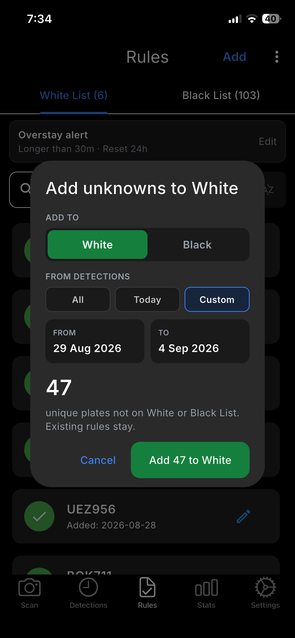 Add unknowns dialog with date range and count 47