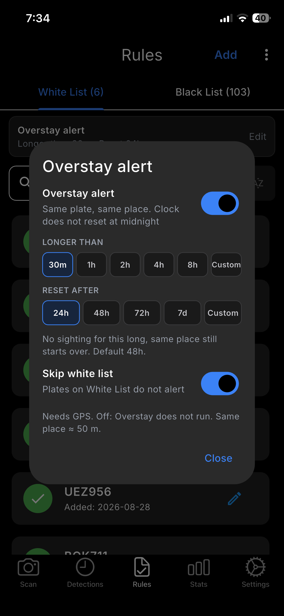 Overstay alert settings: longer than, reset after, skip white list