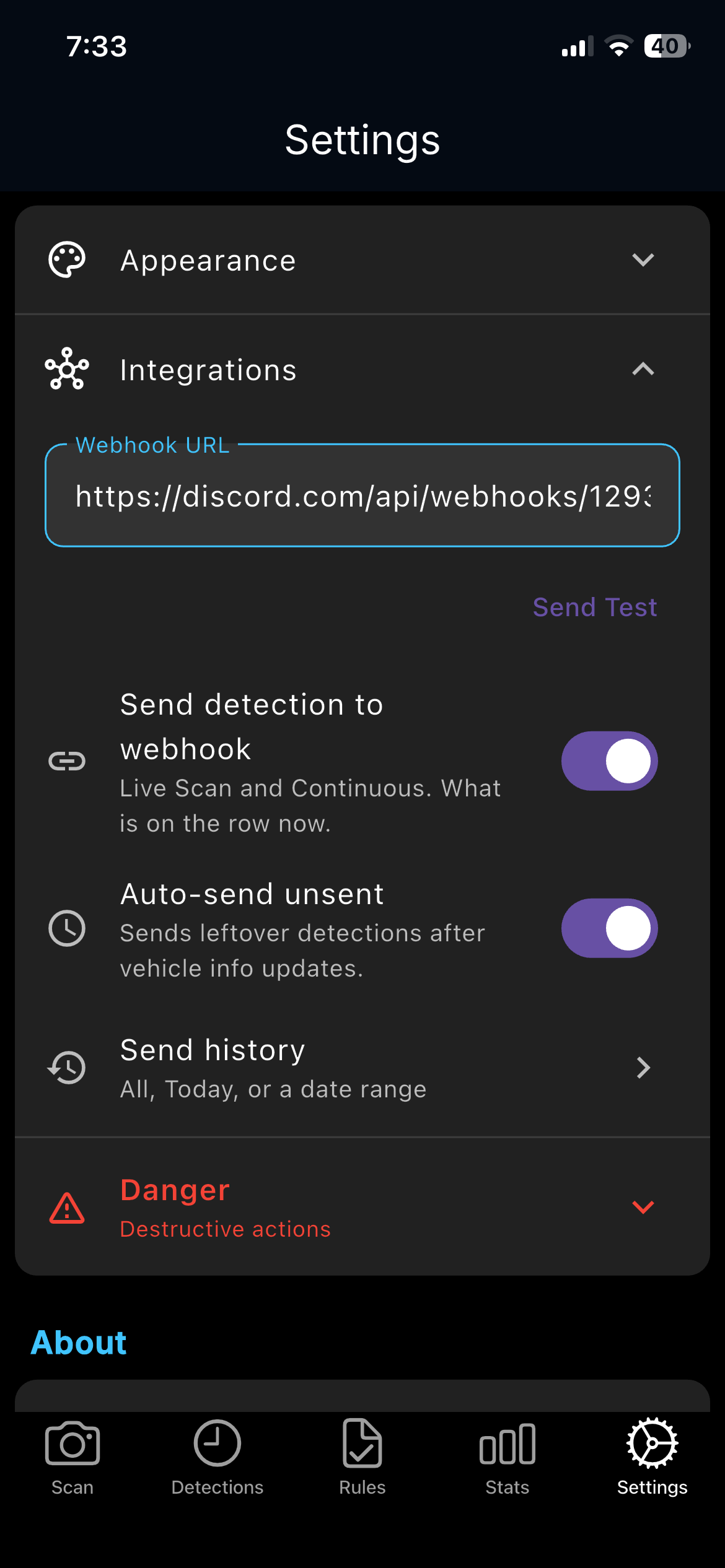 Integrations: webhook URL, Send Test, live send, Auto-send, Send history