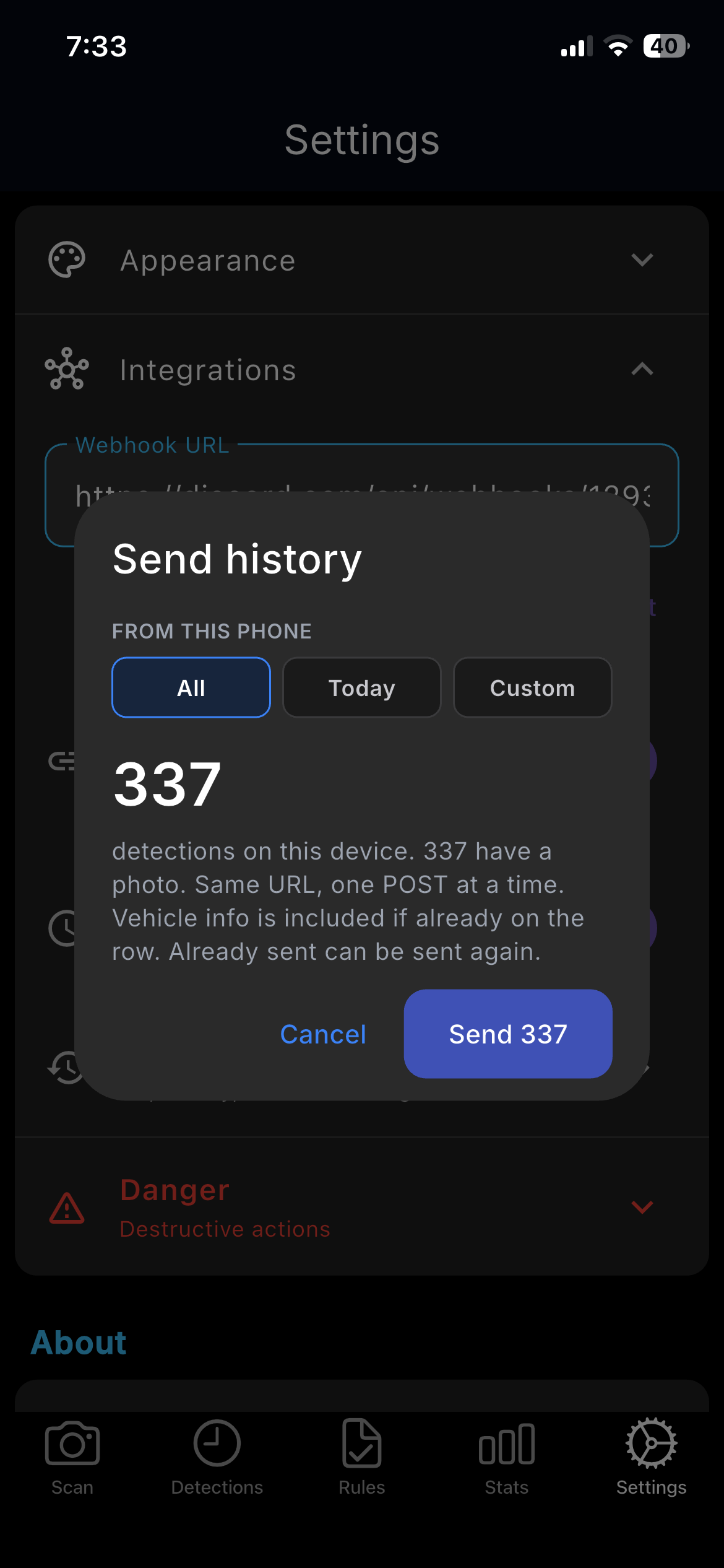 Send history dialog with All Today Custom and send count