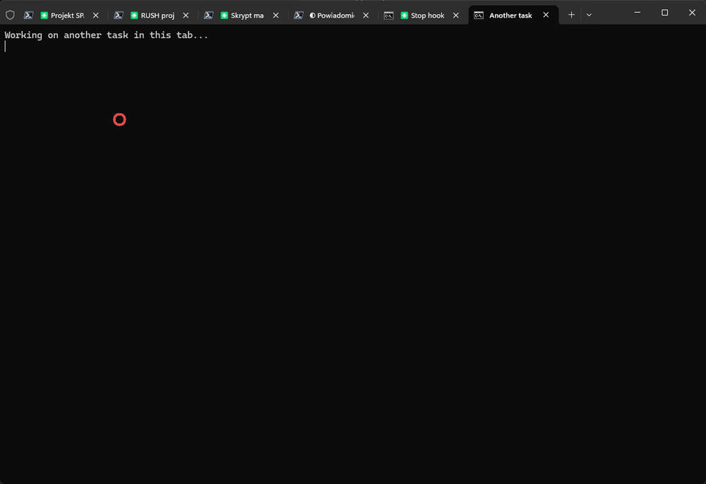 Toast with the session title, a click on Show switches to that Windows Terminal tab