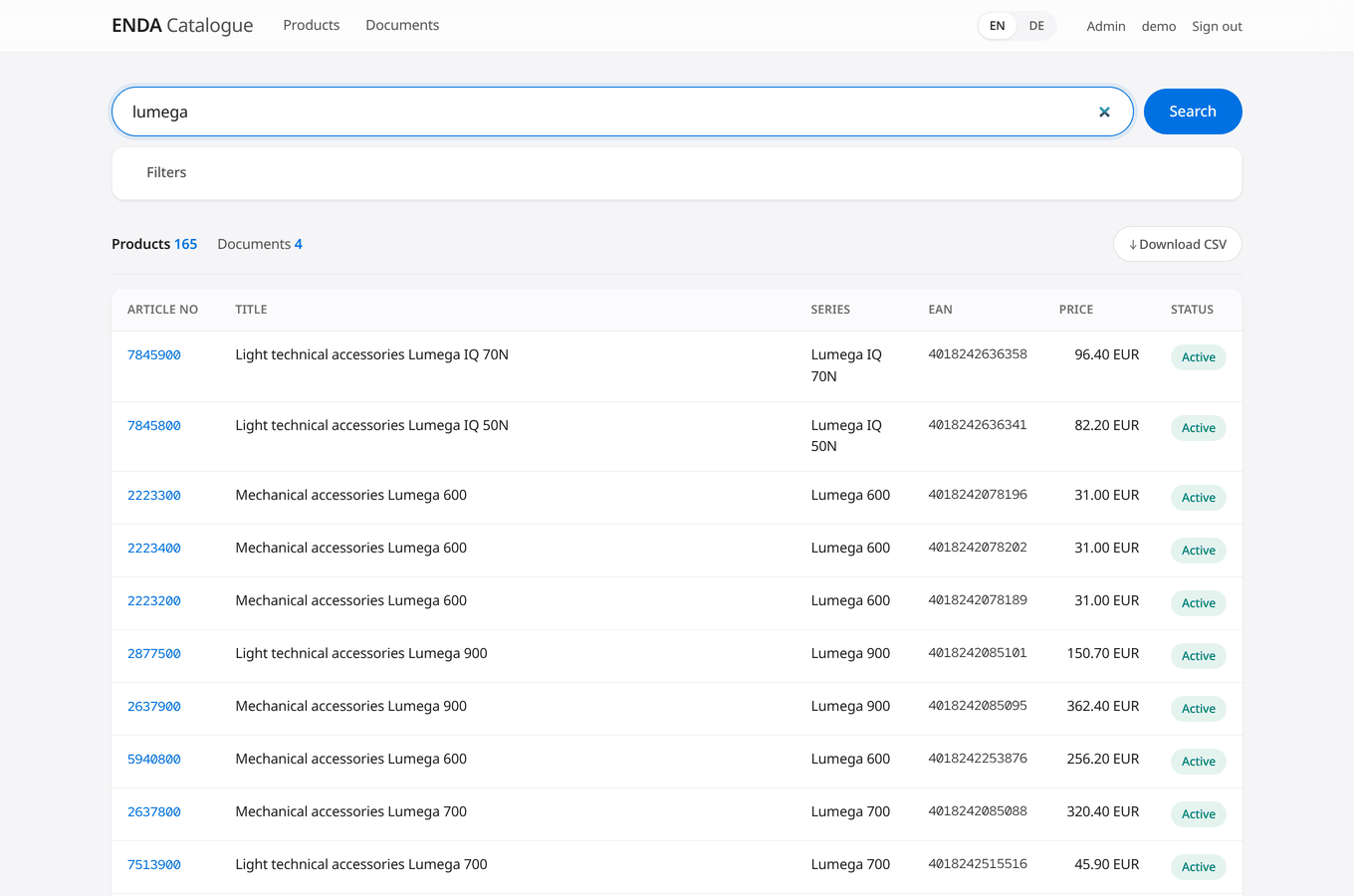 ENDA catalogue search results page