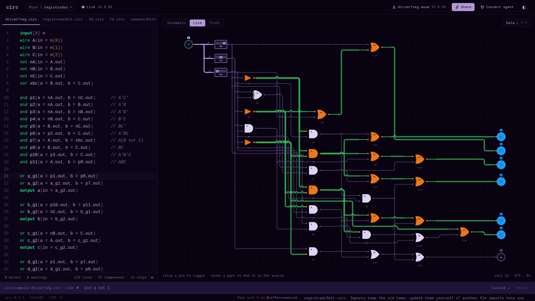 Exemplo de simulação de um circuito no playground da circ