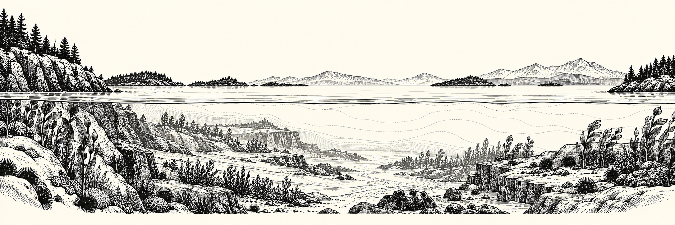Ink coastal cross-section showing islands, seafloor terrain, and kelp