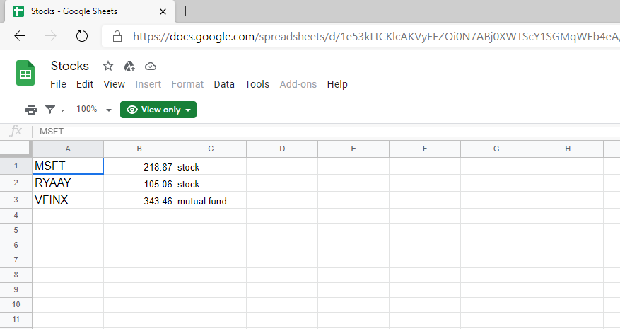 Screen Shot of Google Sheet