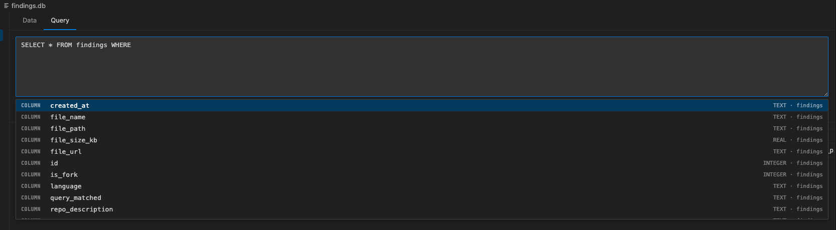 SQL editor with autocomplete suggesting columns