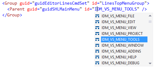 VSCT Intellisense groups menus