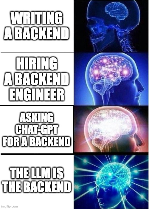 Galaxy brain meme (a) Writing a backend (b) hiring a backend engineer (c) Asking ChatGPT for a backend (d) The LLM is the backend