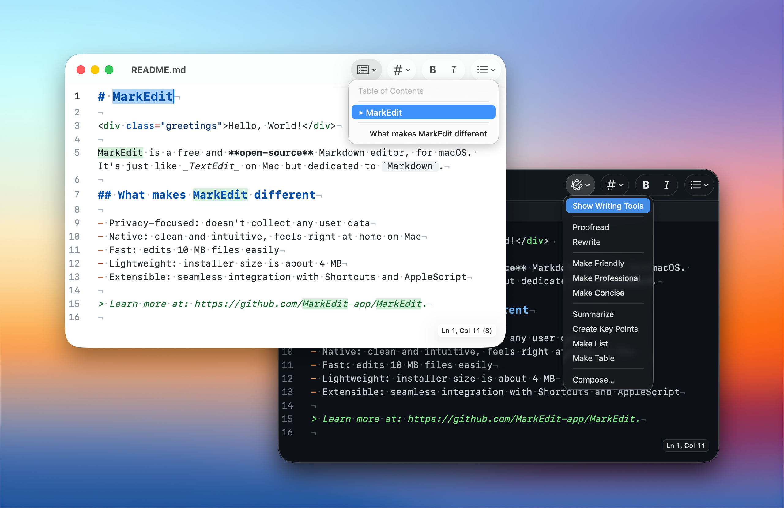 MarkEdit editing its README in light and dark macOS windows with an outline and Writing Tools menu