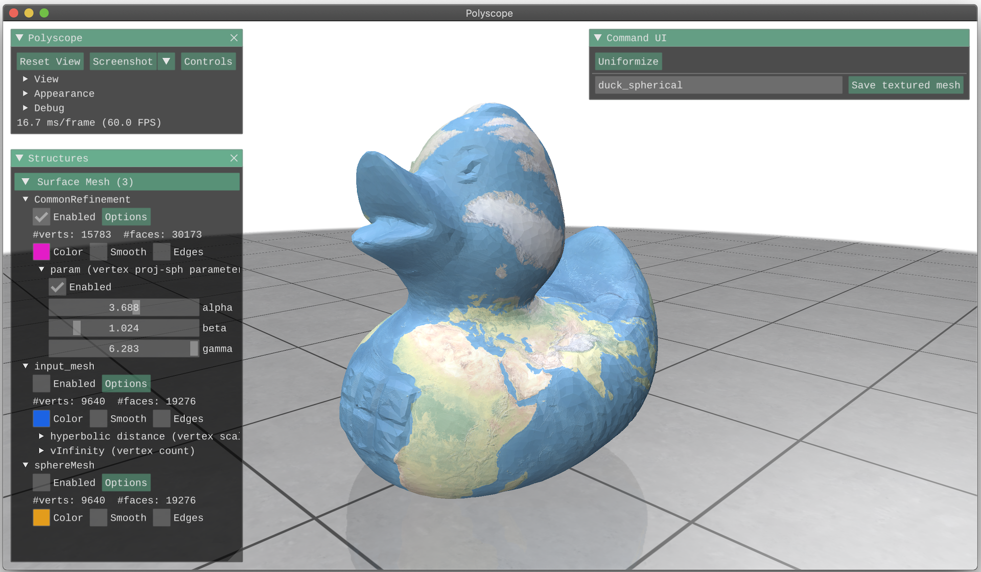 Screenshot of spherically uniformizated duck