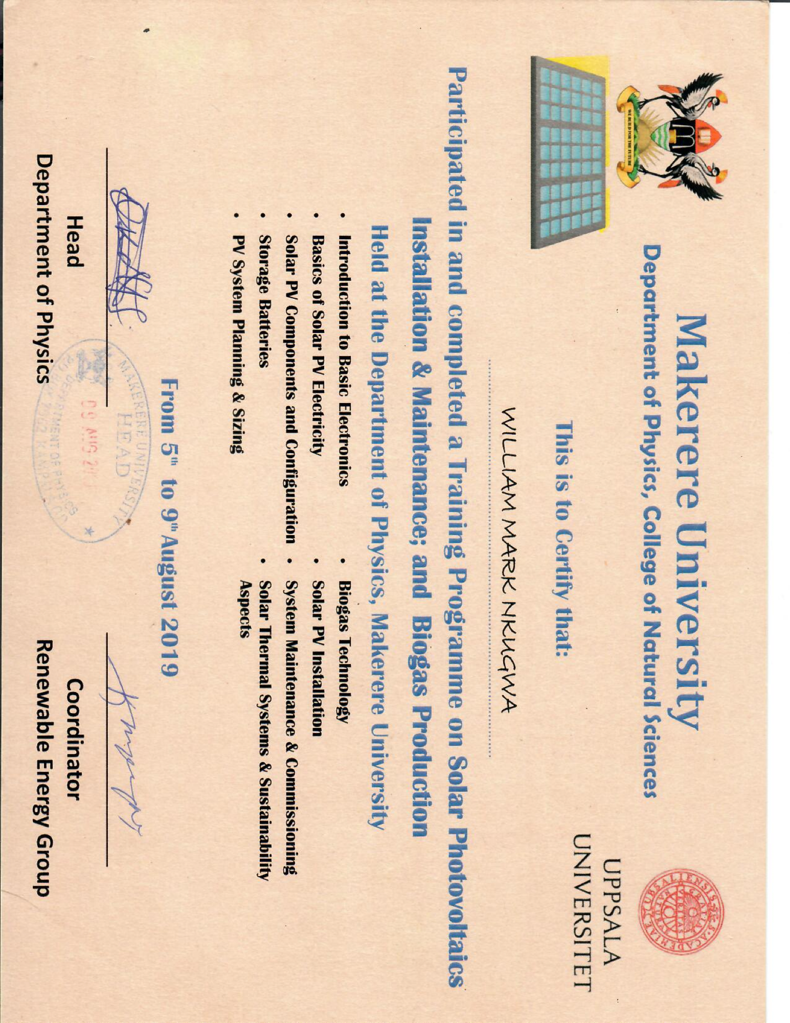 Makerere Solar & Biogas Certificate