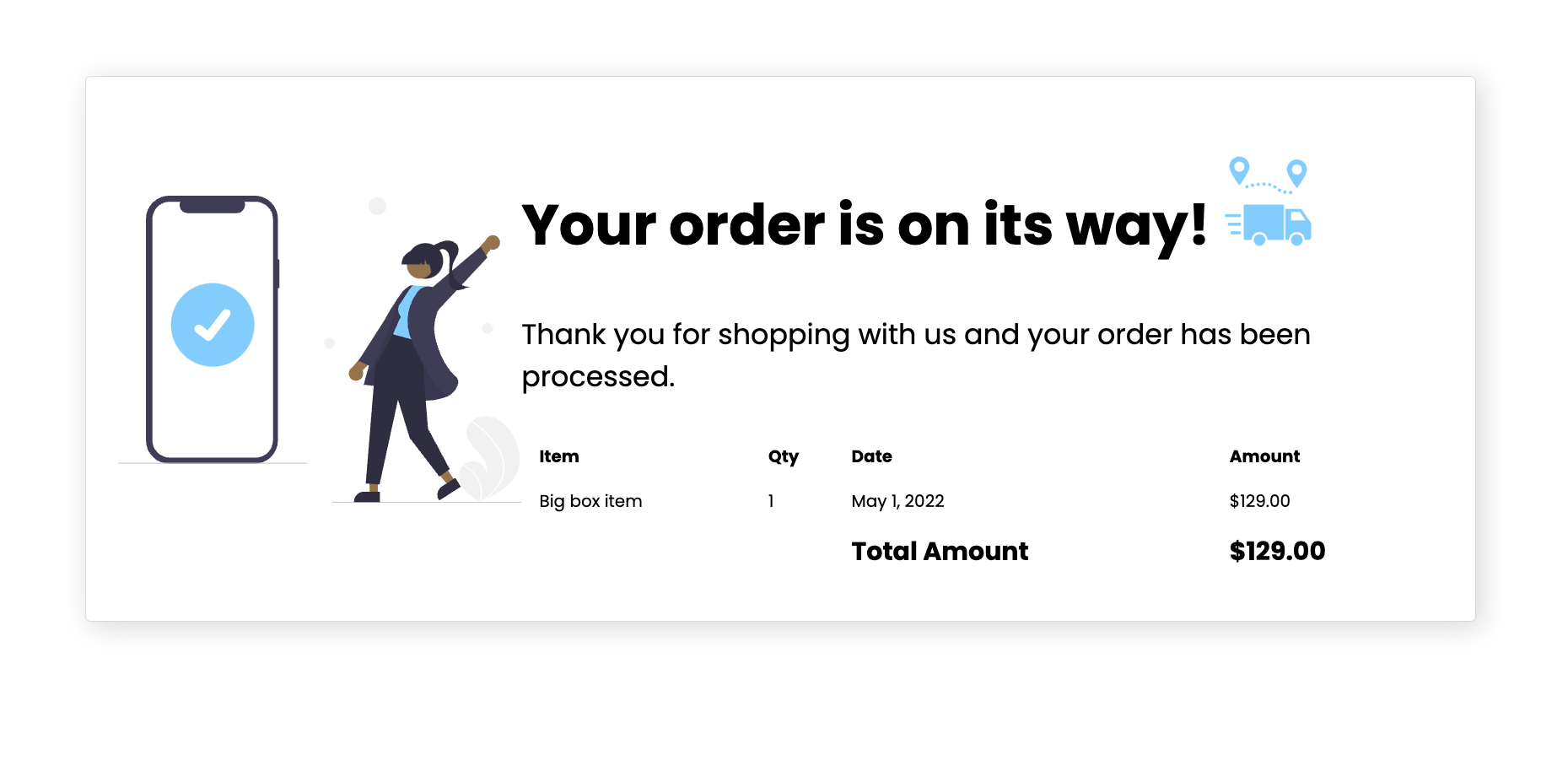 Demo app screenshot, e-commerce order confirmation