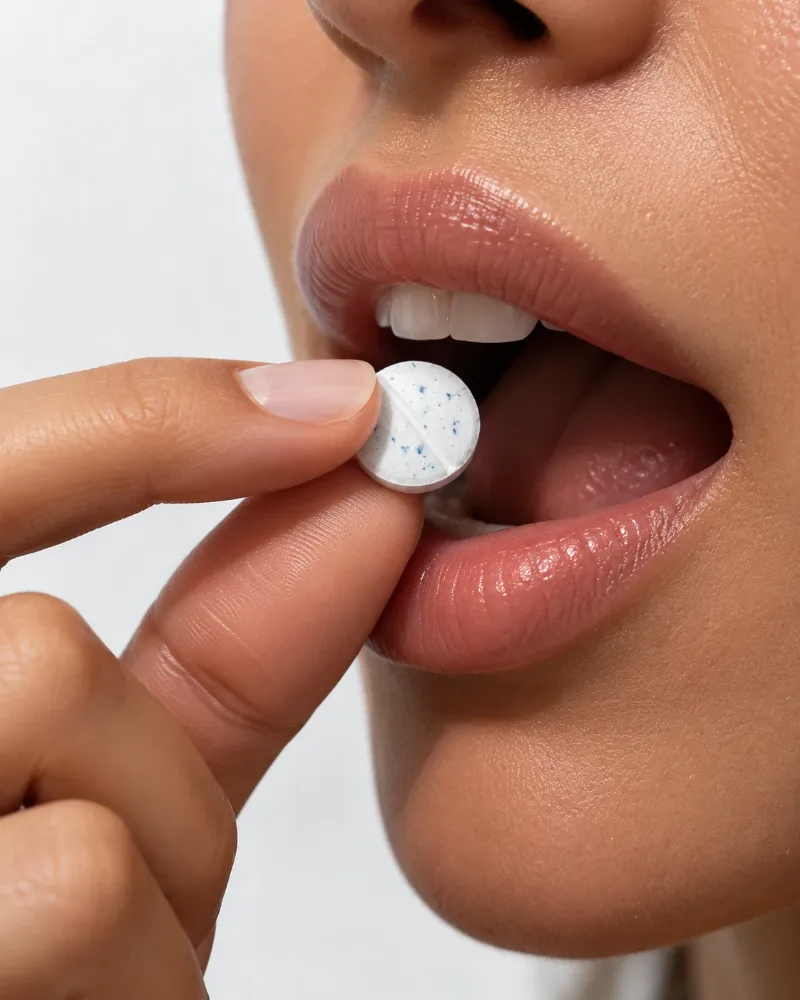 Pastilha DOT sendo colocada na boca
