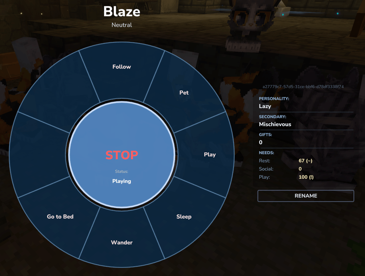 Action Wheel showing cat commands, personality, gifts, and needs.