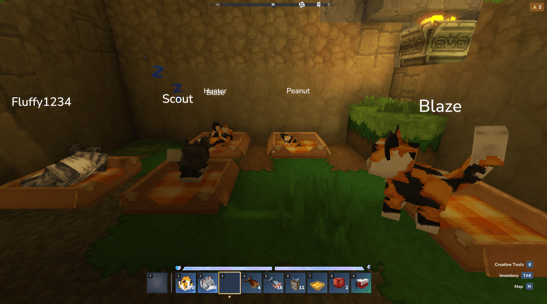 Several tamed cats resting in cat beds inside a cozy player-built room.