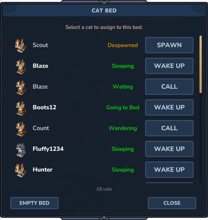 Cat Bed management screen with cat states such as despawned, sleeping, waiting, and going to bed.