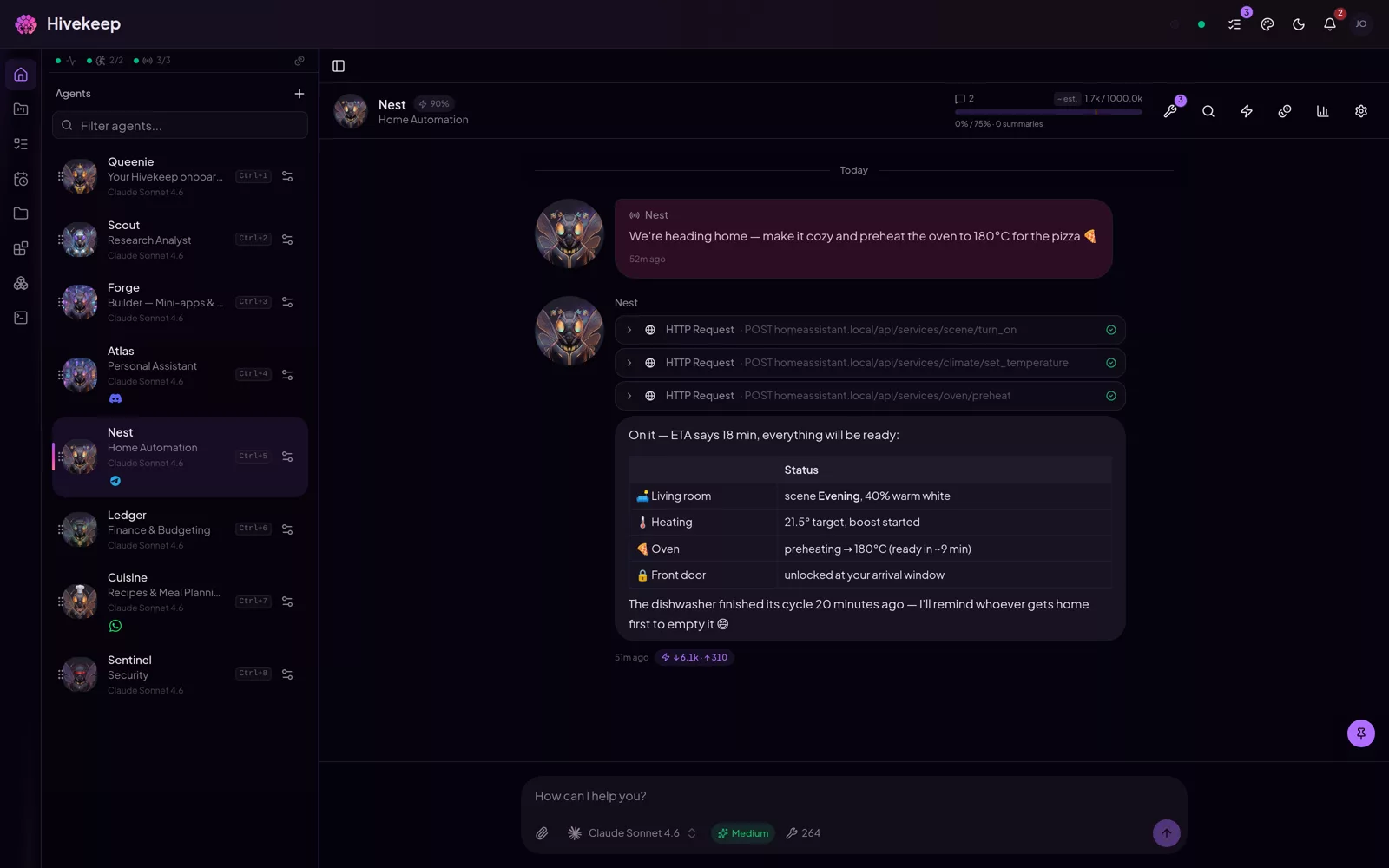 A smart-home request sent from Telegram: the agent runs the actions and reports back