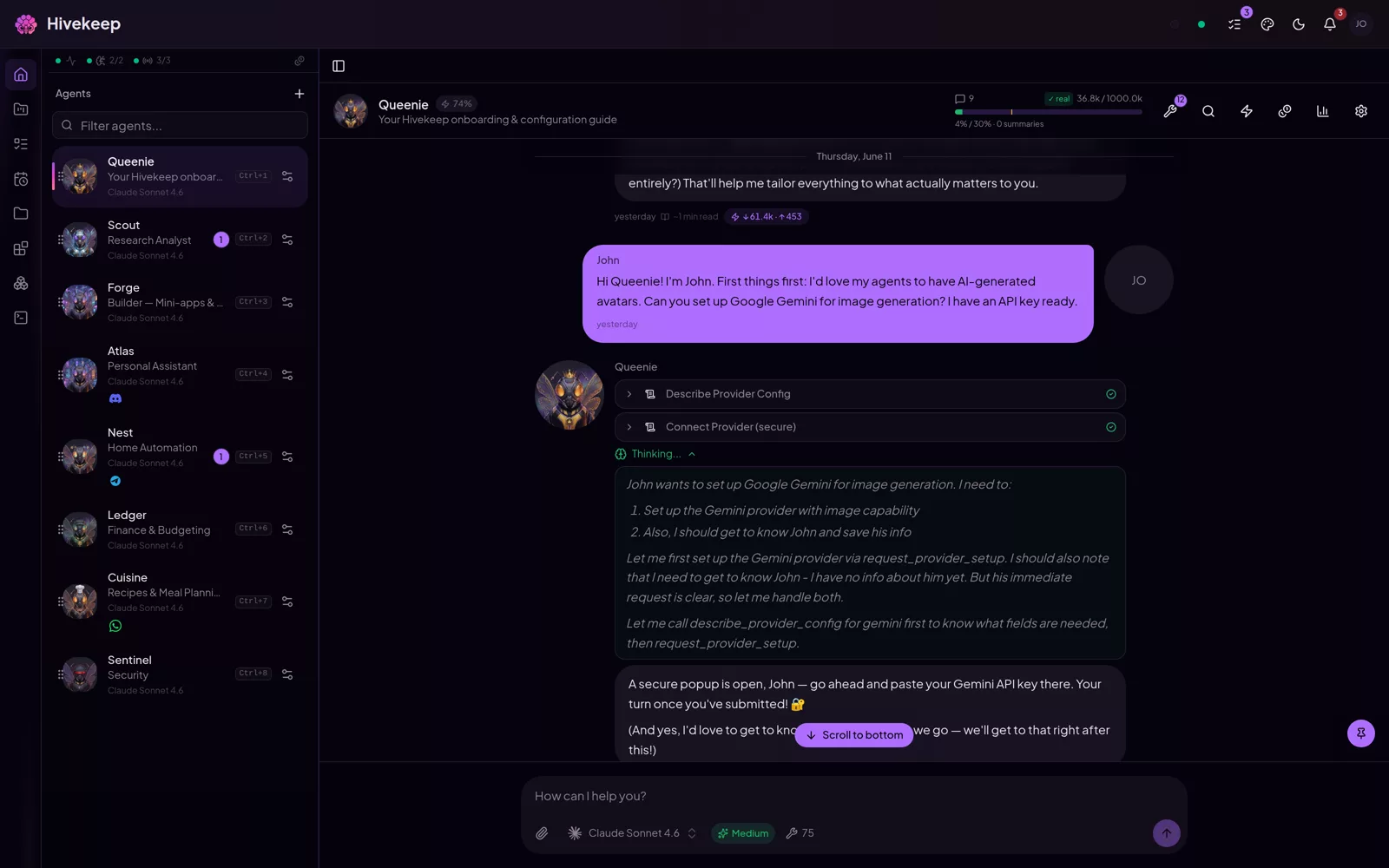 Queenie connecting an AI provider through a secure popup during onboarding