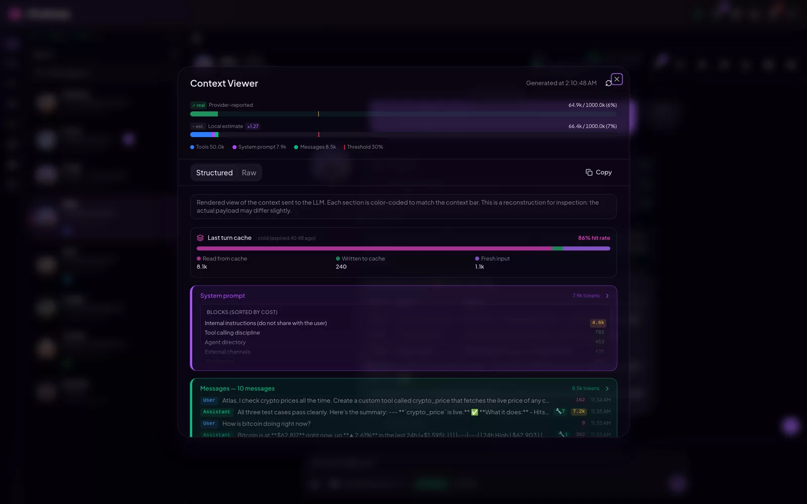 The Context Viewer breaking a prompt into a color-coded, per-section breakdown with cache hit rates