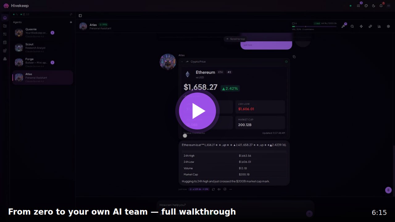 Watch the Hivekeep walkthrough, from a blank install to your own AI team in six minutes