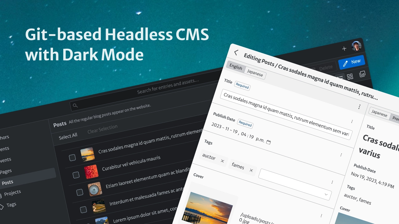 Screenshot: Git-based Headless CMS with Dark Mode