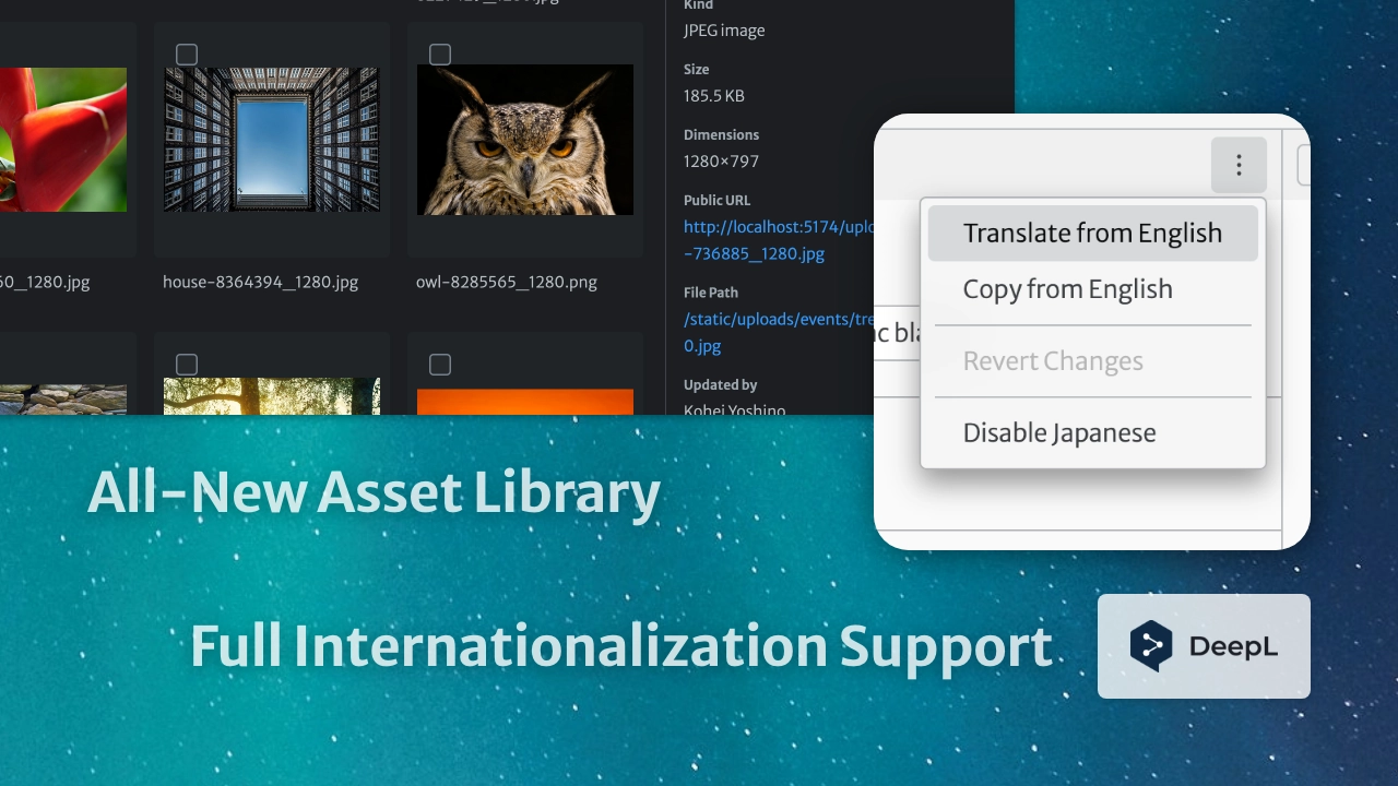 Screenshot: All-New Asset Library; Full Internationalization Support with DeepL