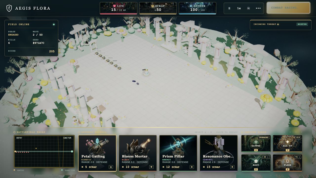Solarpunk defense field with an active tower, approaching enemies and wave-two counters.