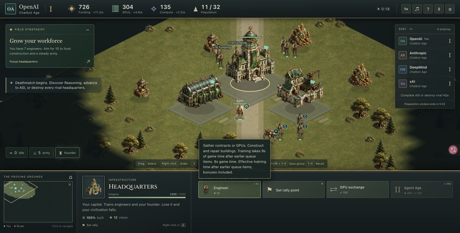 The AGI of Empires battlefield, resource counters and headquarters.