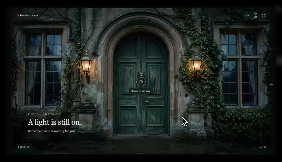 The manor entrance with a clickable door and the opening investigation text.