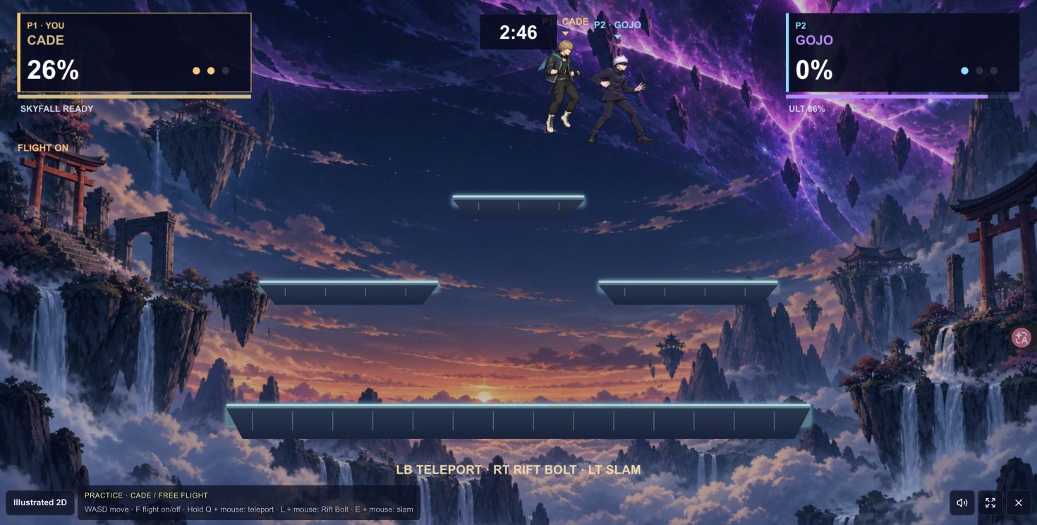 Cade and CPU Gojo fighting above floating platforms, with damage, stocks and match time visible.