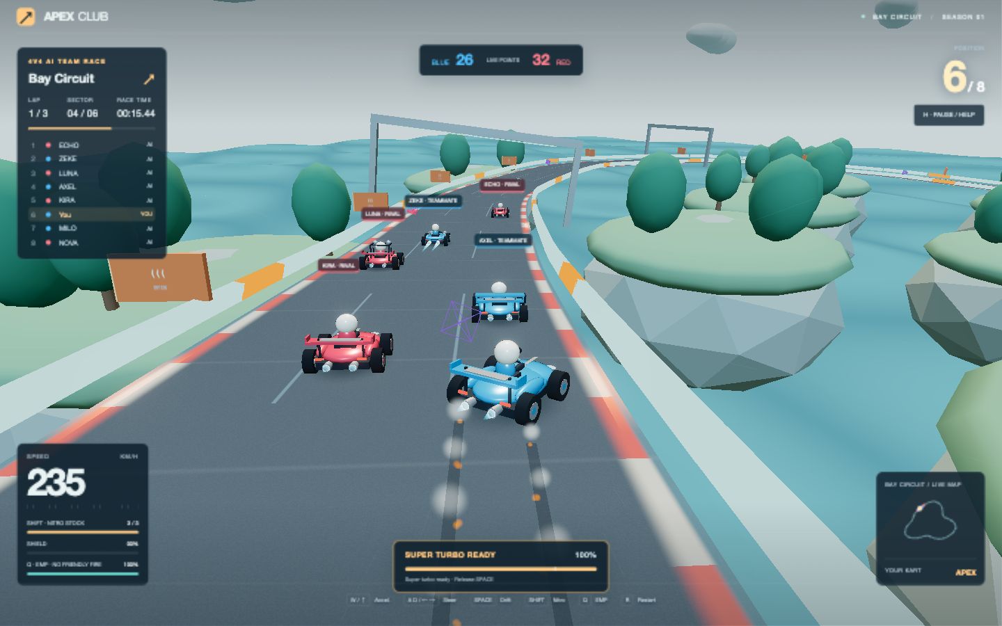 APEX CLUB team race on Bay Circuit with nearby karts, lap progress, live team points and a minimap.