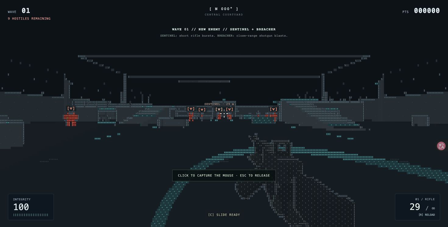 An ASCII courtyard with approaching virus enemies and the rifle HUD showing 29 rounds after firing.
