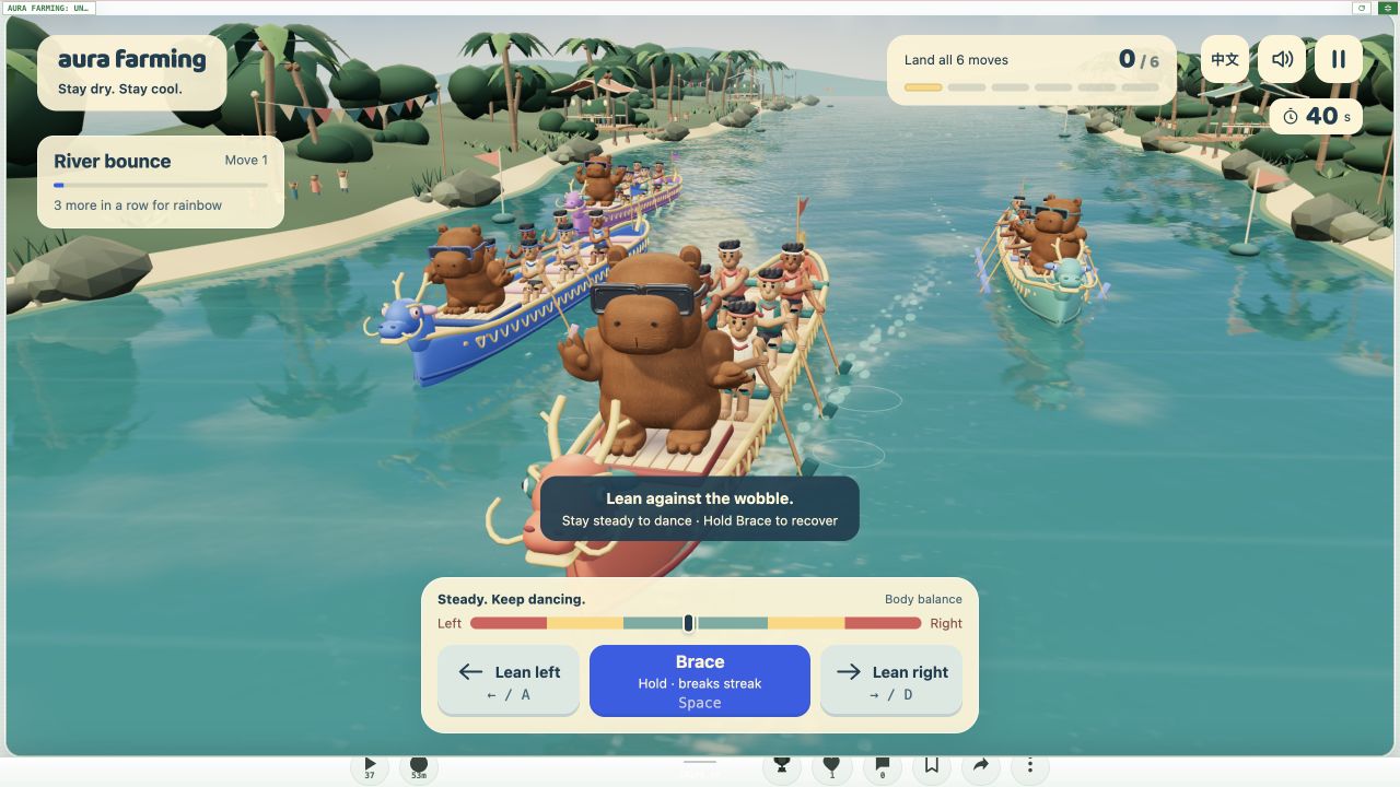 A capybara dancing on a dragonboat, with lean and brace controls and a six-move challenge HUD.