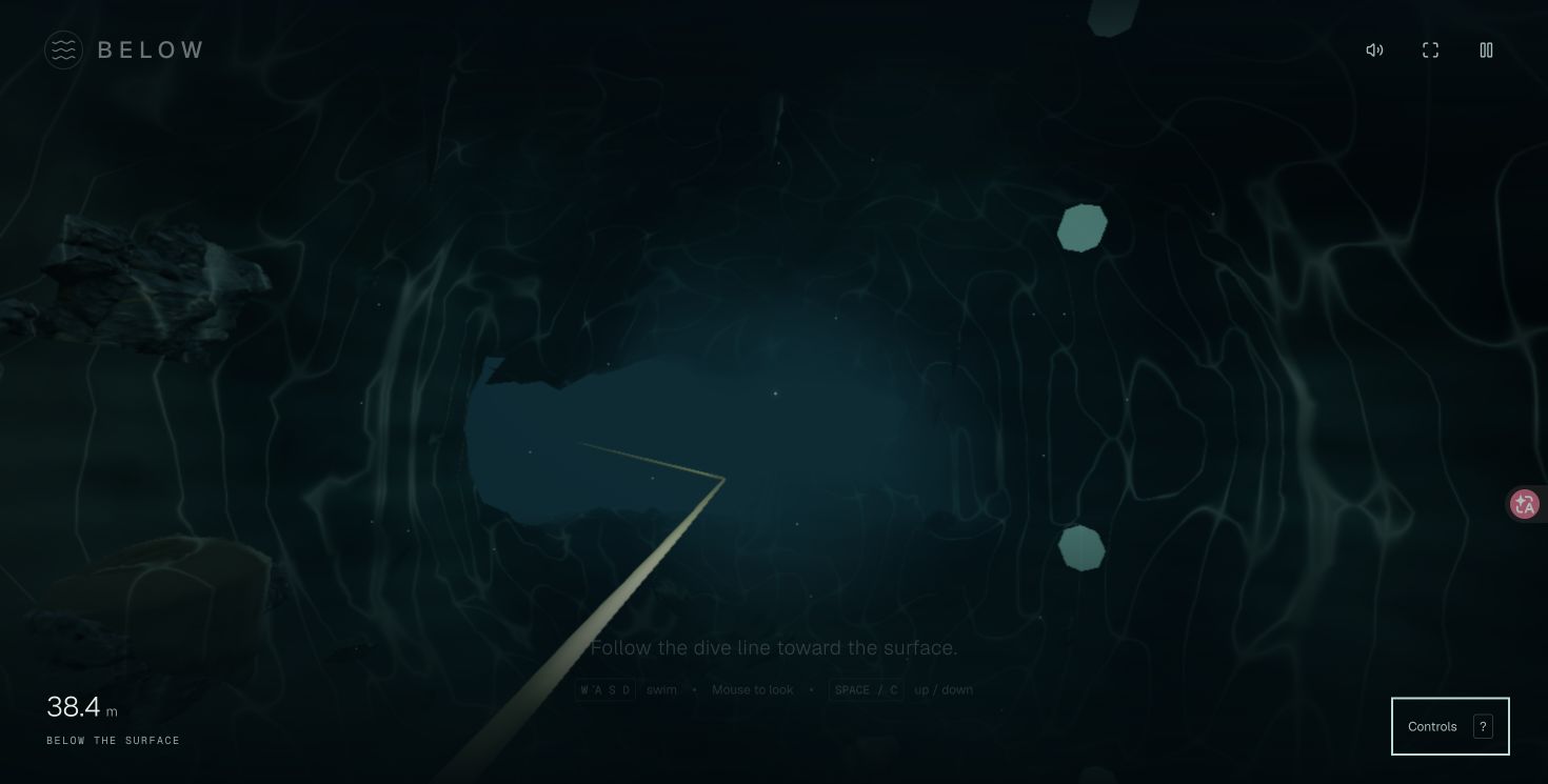 A dive line winds through a flooded cave, with the depth HUD reading 38.4 m below the surface.