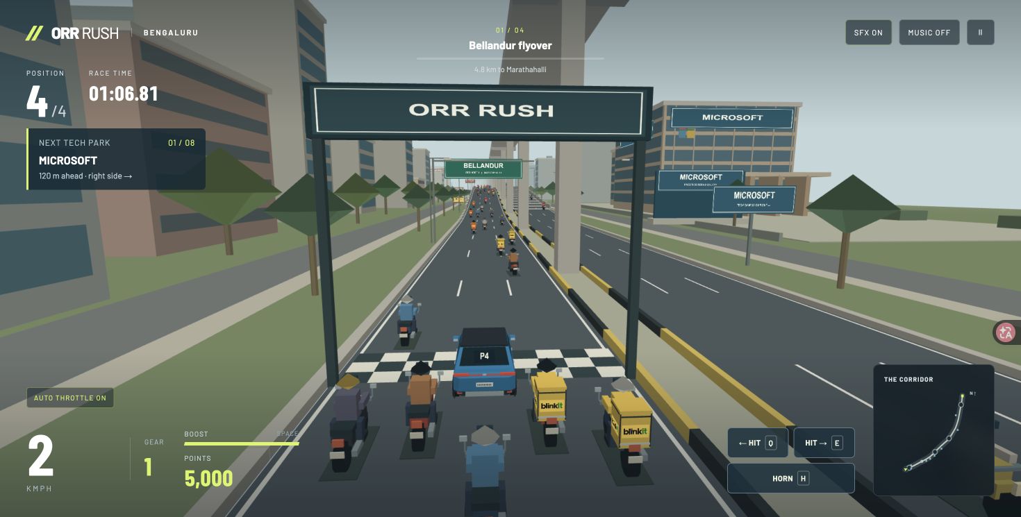 The blue player car in Bengaluru traffic with race position, speed, timer and control hints visible.