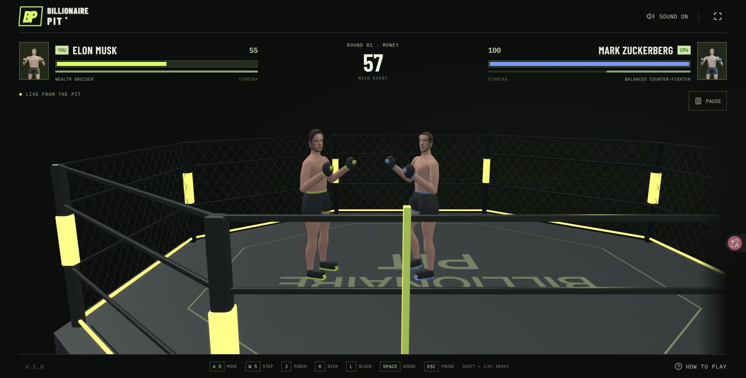 Two parody fighters in the arena during Round 1, with health, stamina and a 57-second timer.
