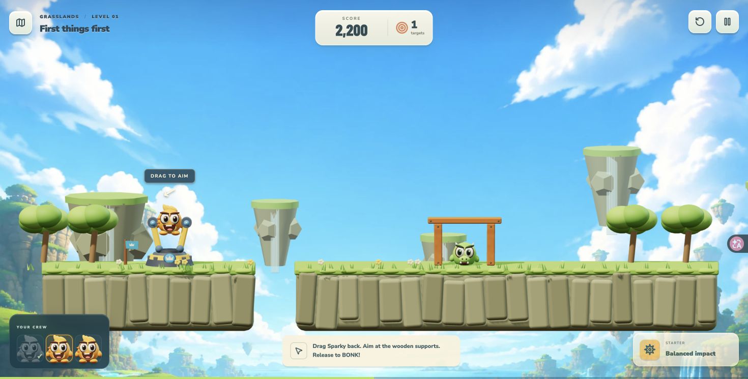The first Grasslands puzzle after a launch, showing a partly collapsed wooden tower, one remaining target and 2,200 points.